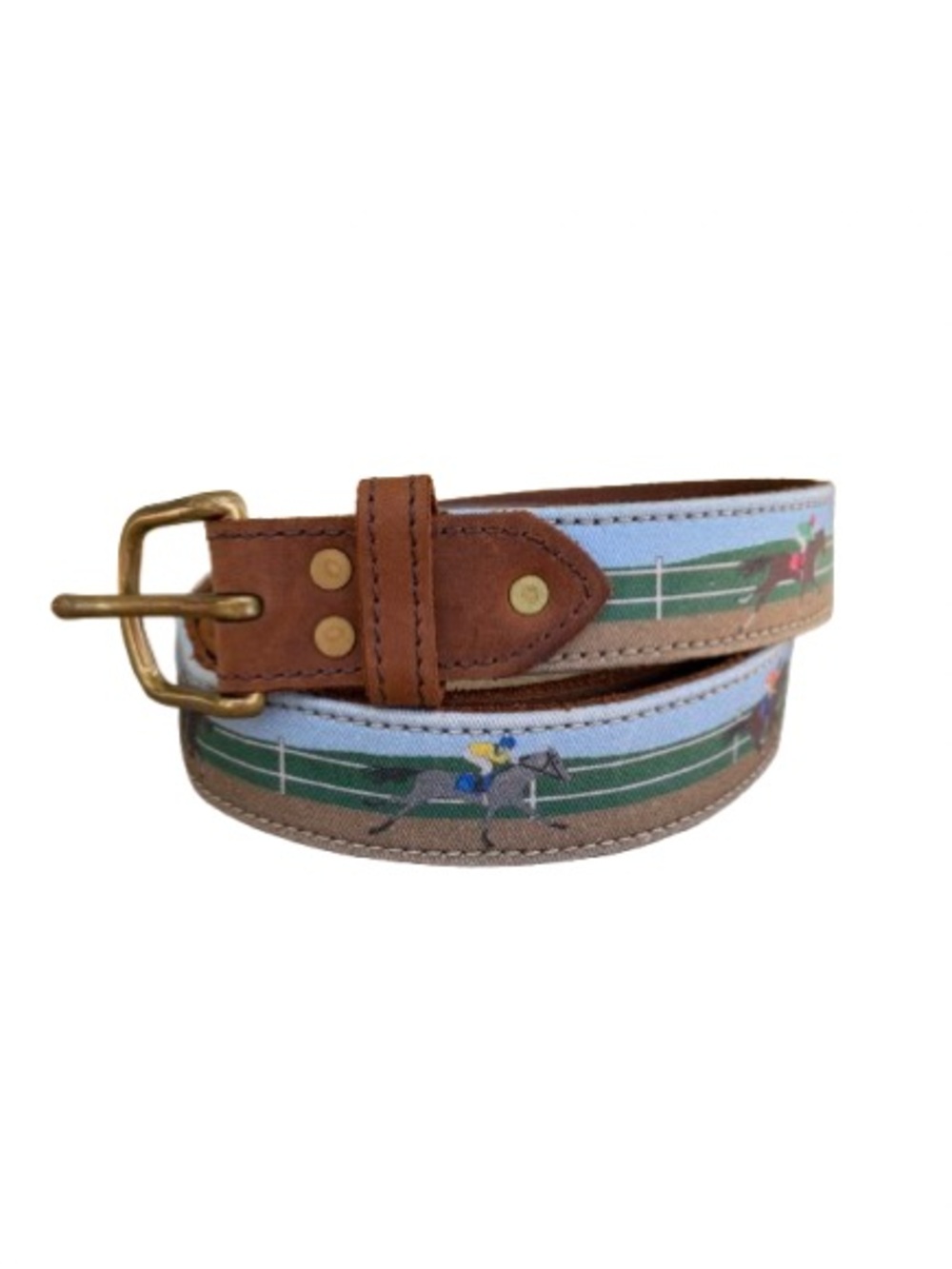 Clayton & Crume Men's Brown Leather Racing Print Belt Size 40 Derby Horses EUC